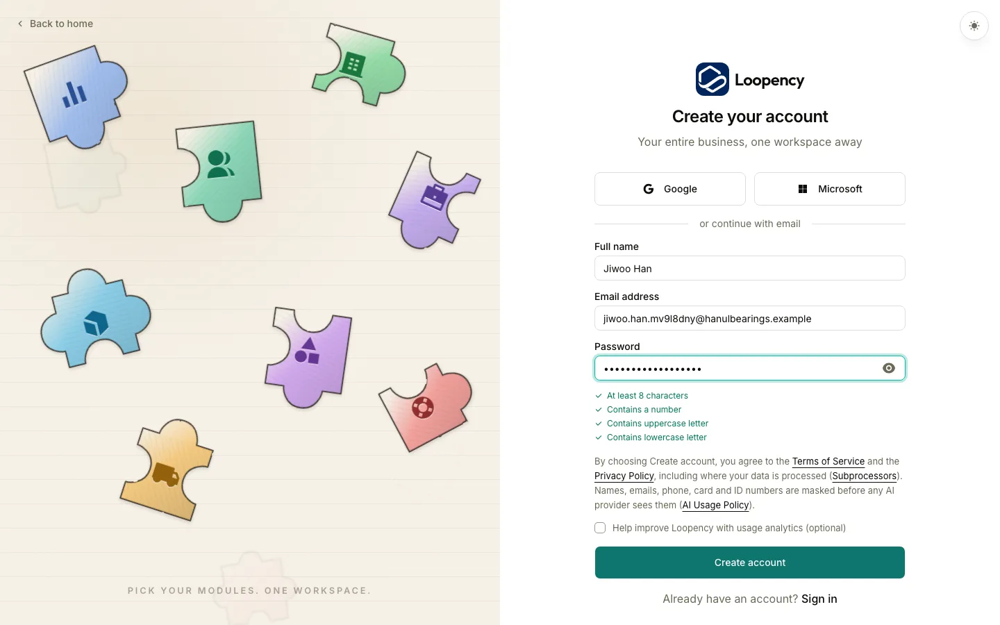 The sign-up page