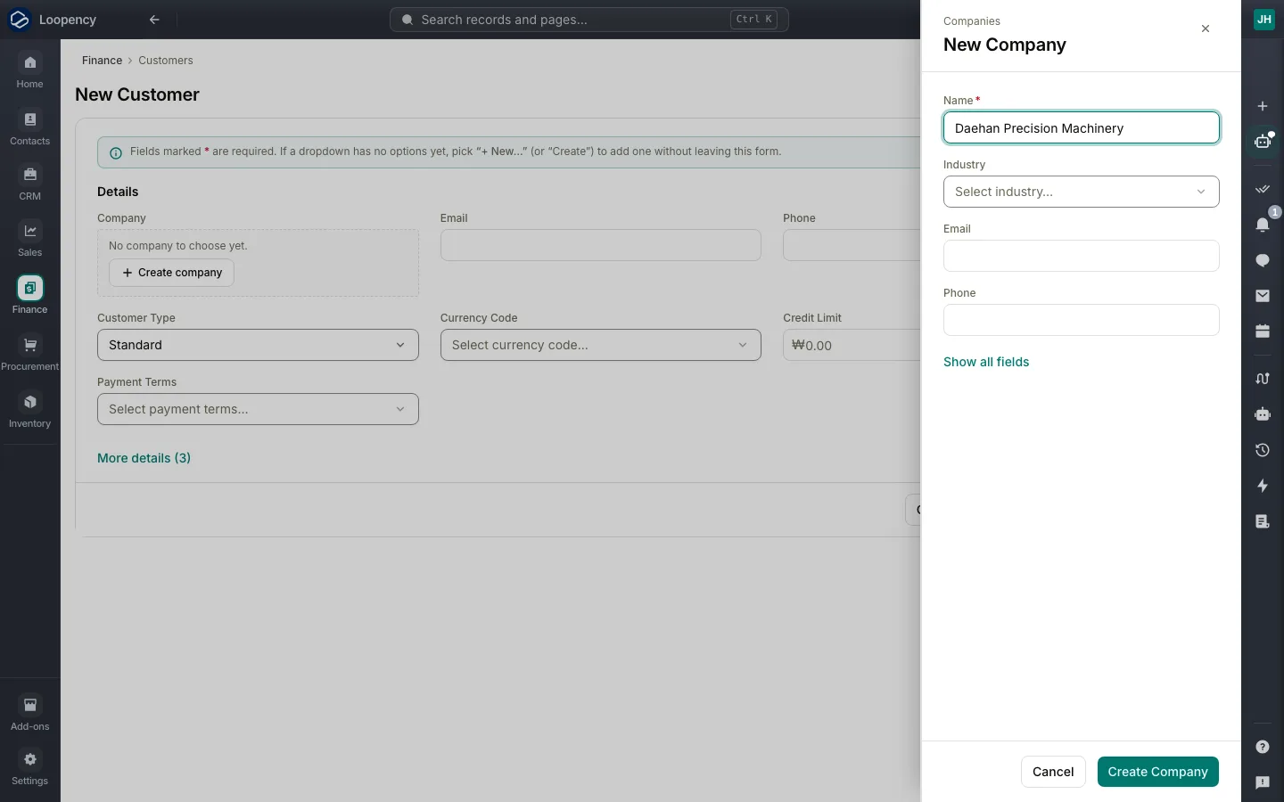 Creating the company without leaving the form