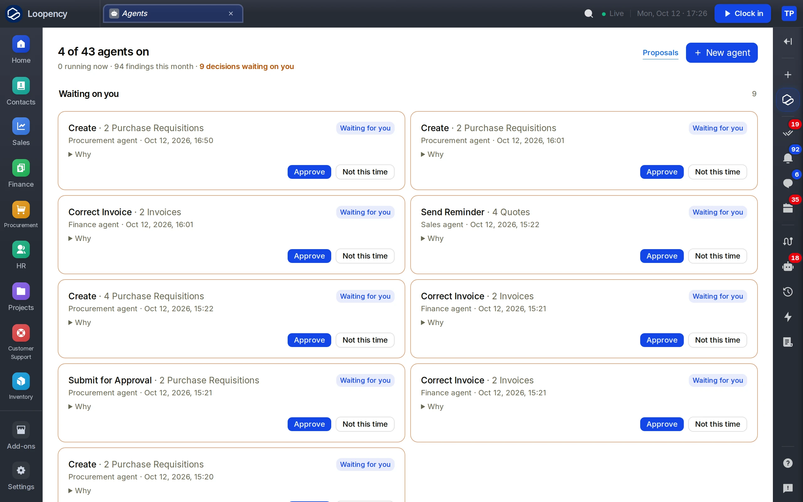 The agents page: one agent per department, each with what it owns