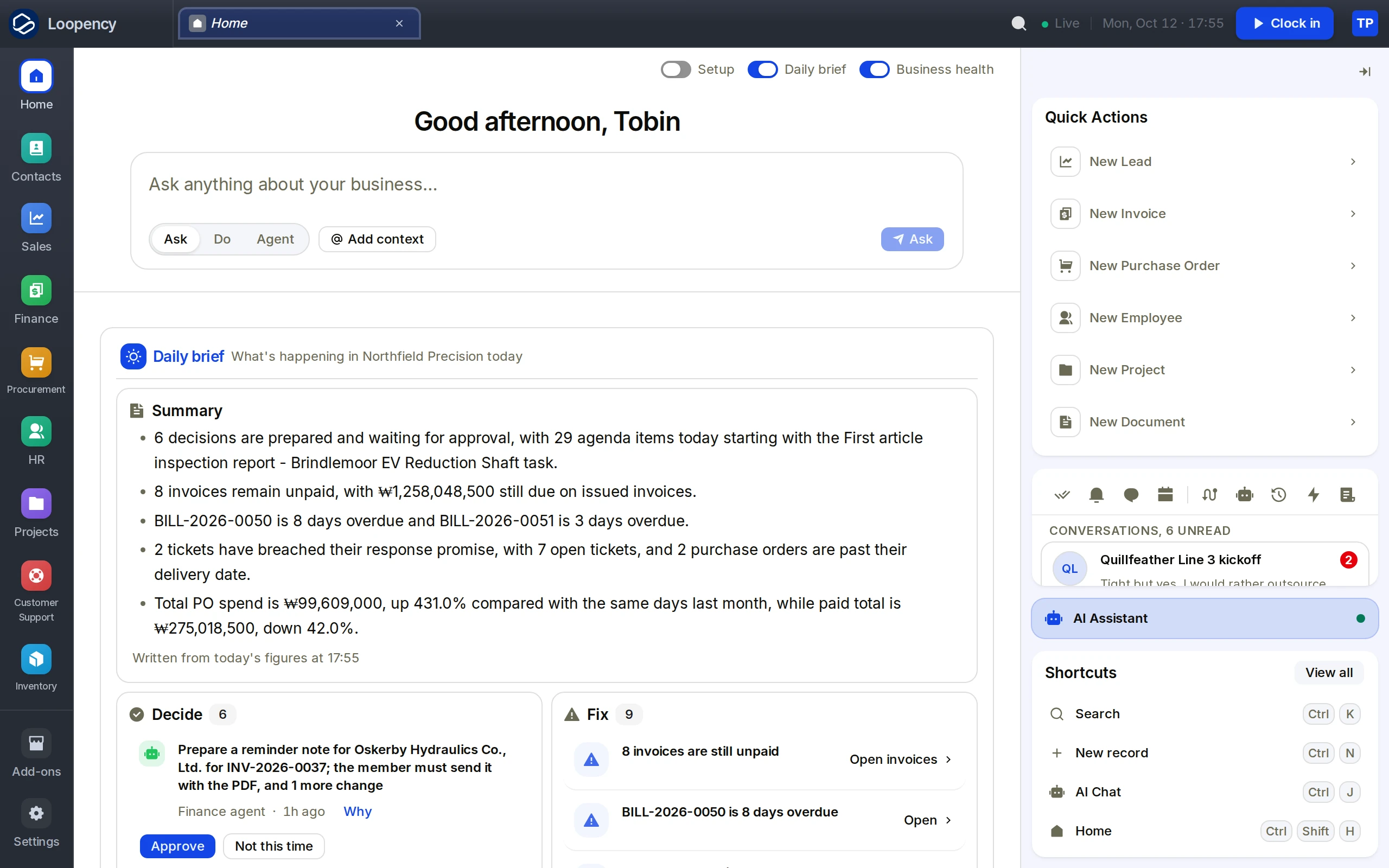 Loopency's Home screen: a box to ask about the business, the daily brief with its written summary, and changes waiting for a decision