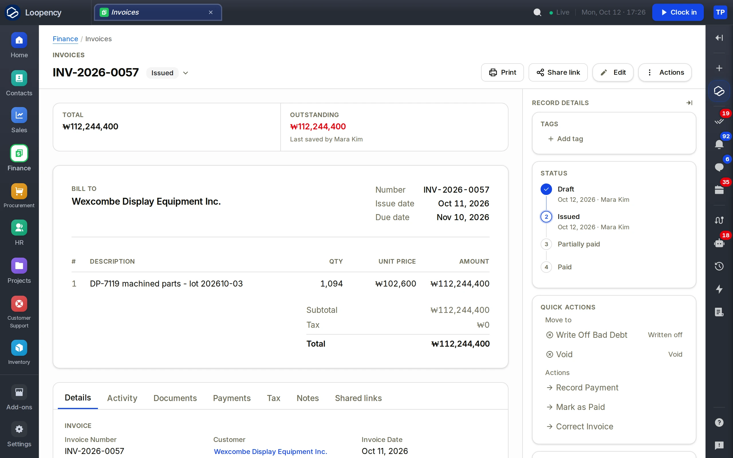 Invoice INV-2026-0054 issued, with the amount outstanding, the line and its payment status