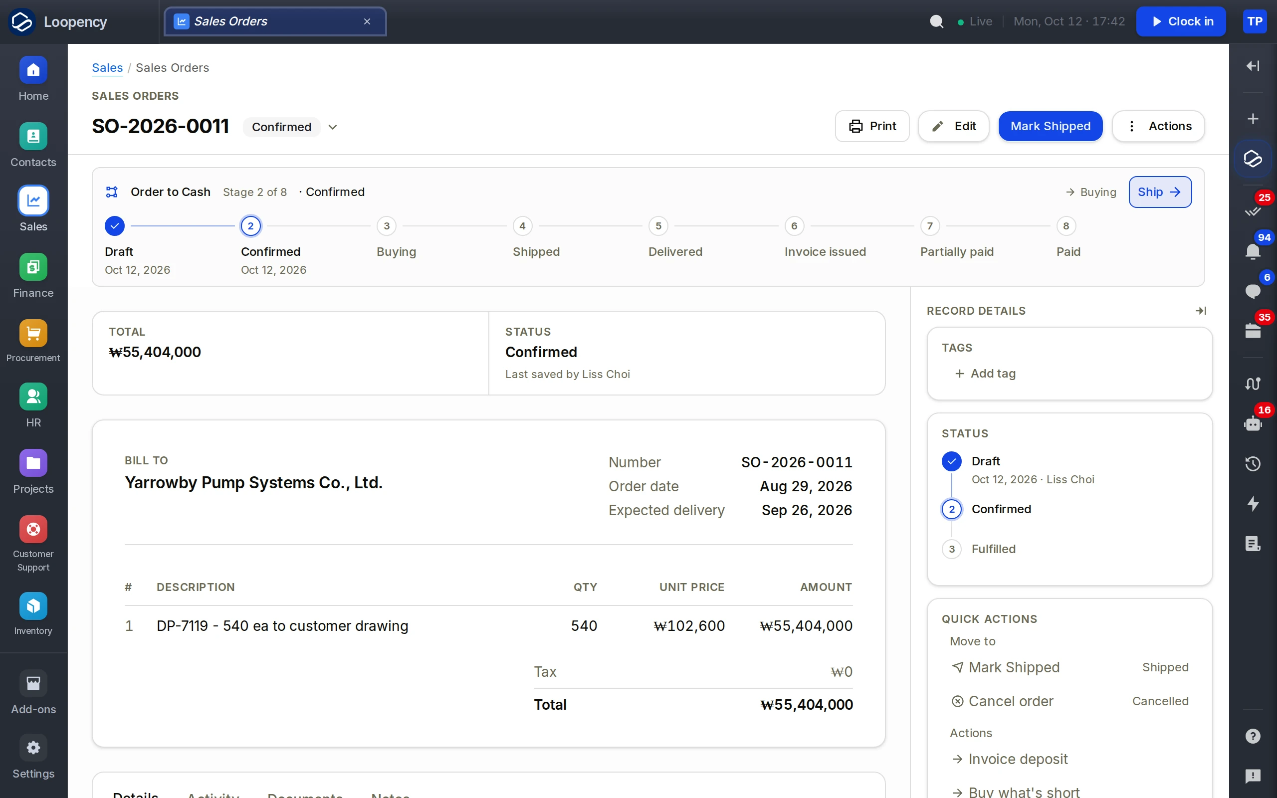 Sales order SO-2026-0012, confirmed, with its Order to Cash stages from Draft to Paid, the line, the total and the customer