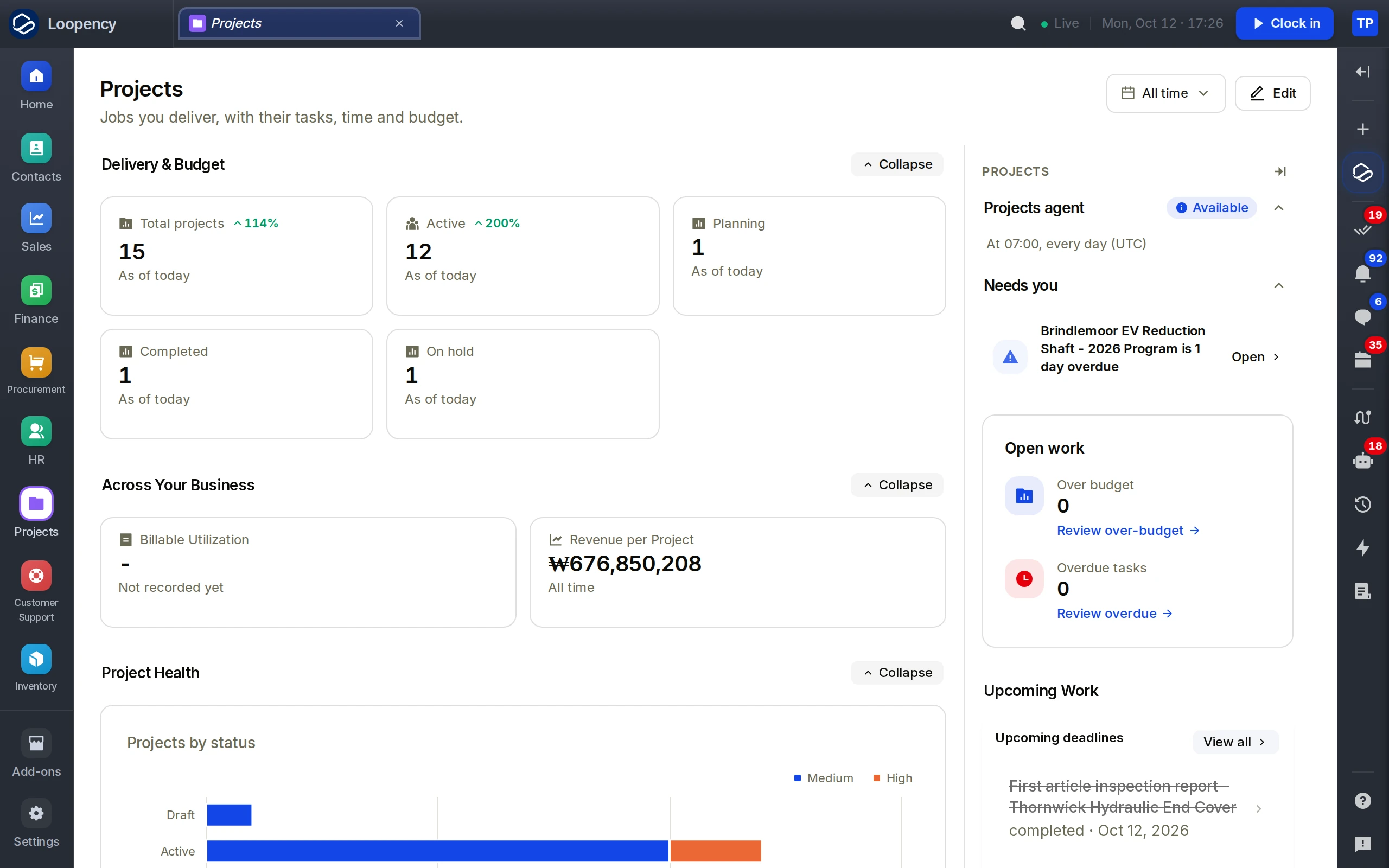 Projects overview: active and on-hold projects, revenue per project, and a program overdue that needs you
