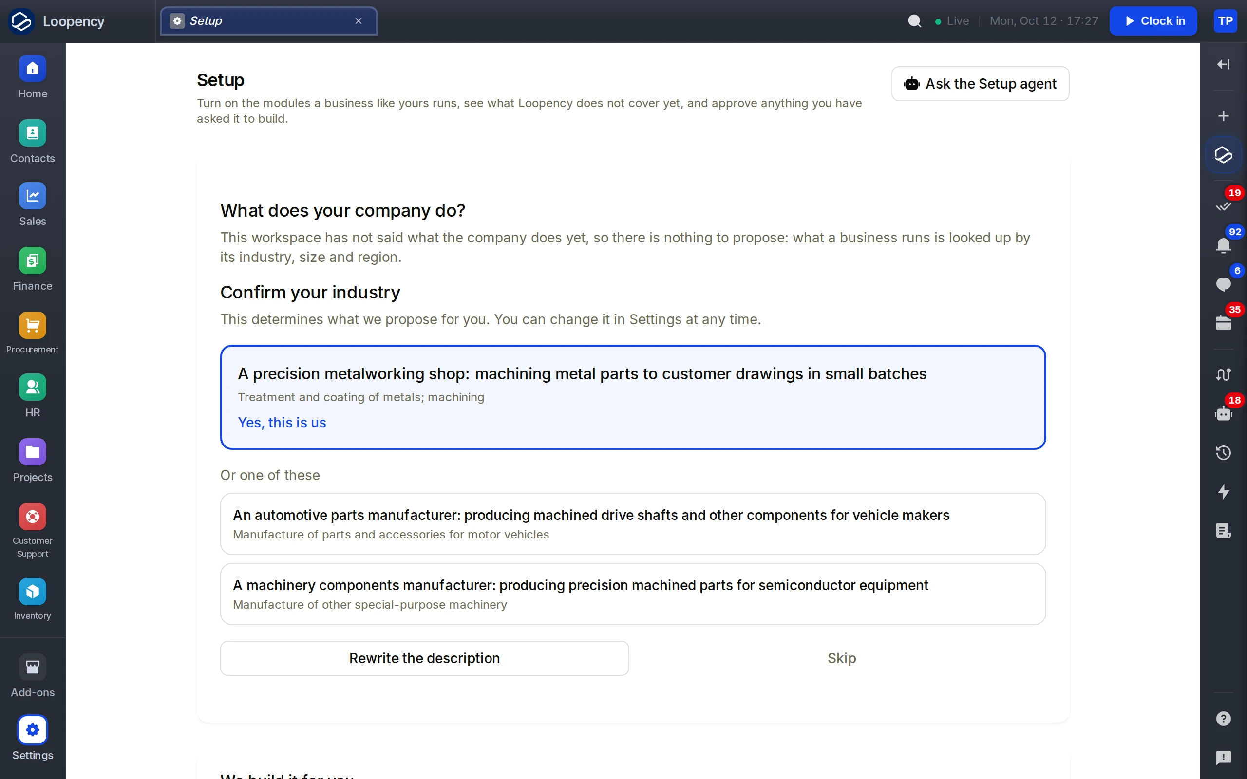 Setup proposing the industry from the company's own description, with Yes, this is us