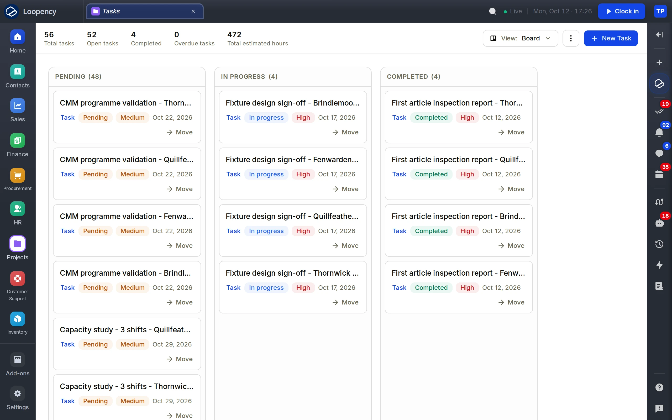 Tasks as a board: pending, in progress and completed columns with priority and due dates